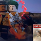Lego Finn and Poe stand arm-in-arm with hearts floating above their heads.